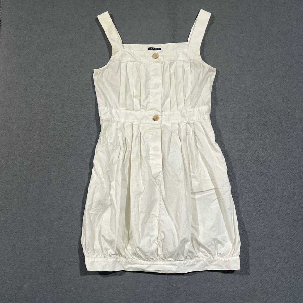 Theory Dress Womens 8 White Cotton Pleated Square Neck Sleeveless